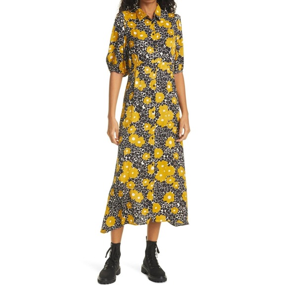 BA&SH Babeth Gathered Floral Crepe De Chine Midi Dress Sustainable 1 S NWT $375 - Picture 1 of 14